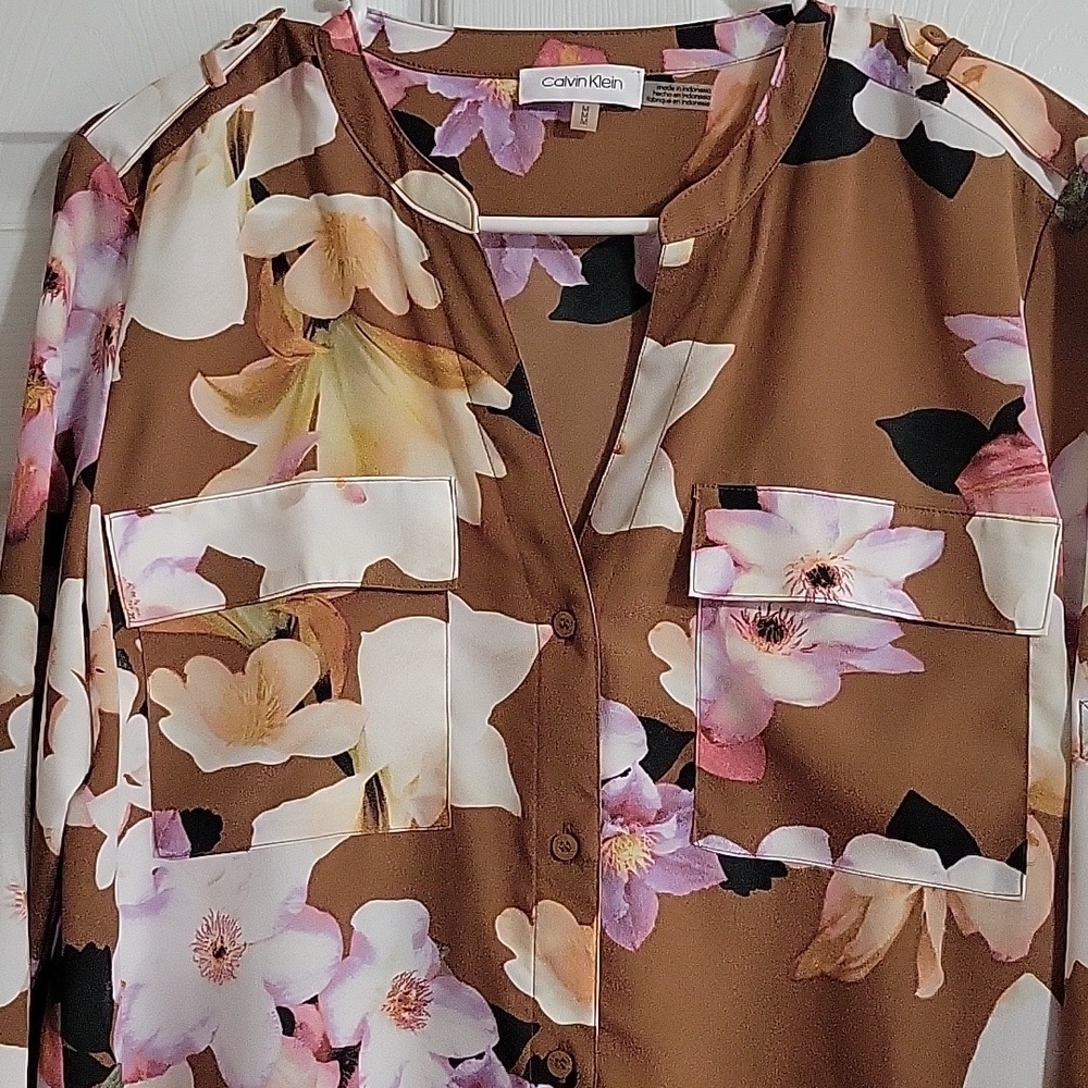 Calvin Klein Floral Button Front Brown Pink White Long Tab Sleeve Top Sz Medium - Picture 3 of 9
